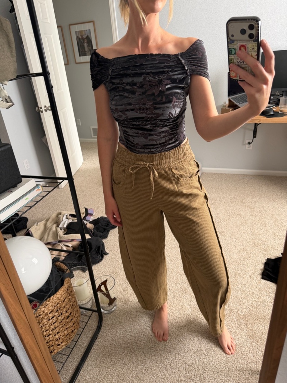 Free People Black Off-Shoulder Ruched Floral Crop Top